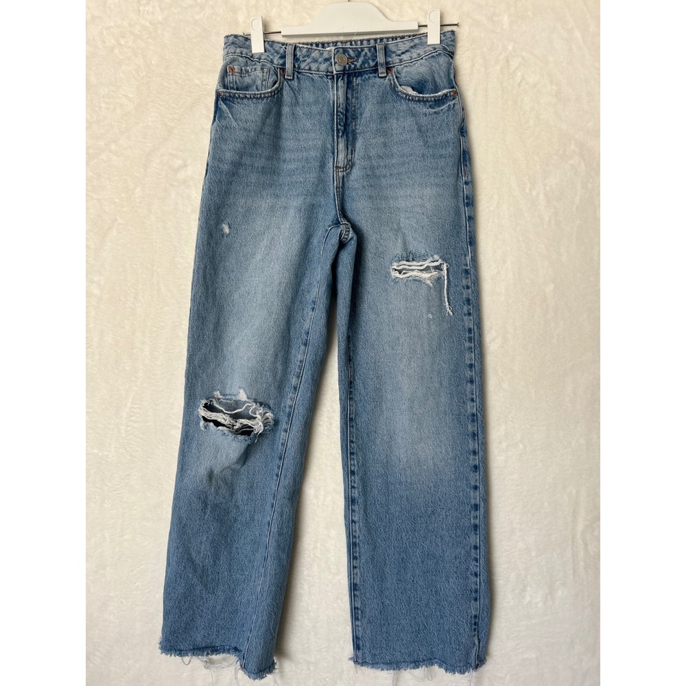 Garage Denim Wide Leg Jeans Womens 7/28 Blue Distressed High Waisted Raw Hem 90s